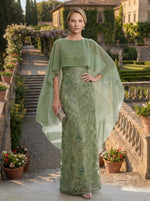 Sheath 3D Floral Embellished Lace Floor-Length Mother of the Bride with Chiffon Capelet Sleeves