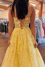 Cute A Line Sweetheart Daffodial Yellow Tulle Long Prom Dress with Appliques