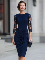 Navy Blue Lace-Sleeve Ruched Midi Sheath Dress