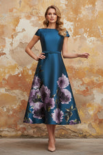 Backless Half Sleeve A-Line Flowers Floral Print Tea-Length Evening Dress