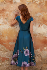 Backless Half Sleeve A-Line Flowers Floral Print Tea-Length Evening Dress