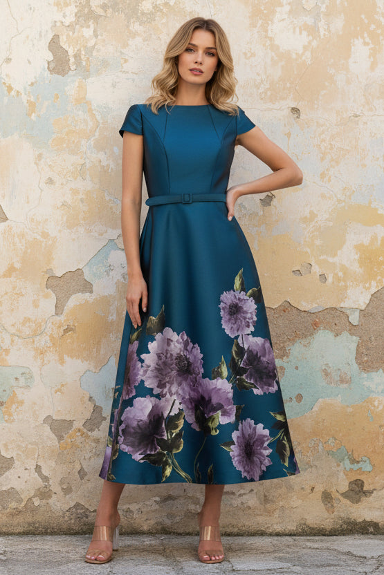 Backless Half Sleeve A-Line Flowers Floral Print Tea-Length Evening Dress
