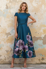 Backless Half Sleeve A-Line Flowers Floral Print Tea-Length Evening Dress