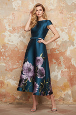 Backless Half Sleeve A-Line Flowers Floral Print Tea-Length Evening Dress
