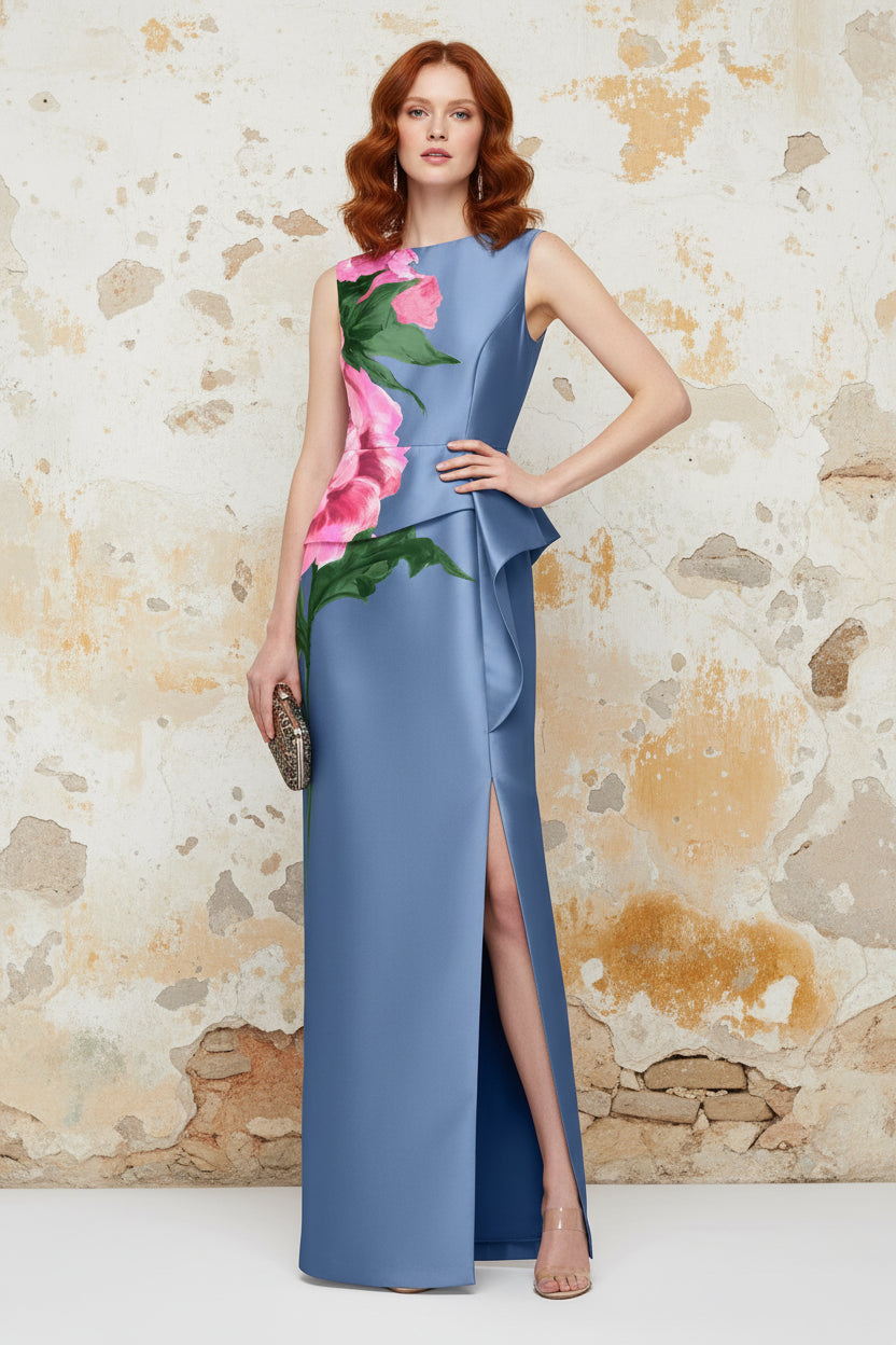 Elegant Sleeveless Backless Floral Print Mermaid Side Slit Evening Dress
