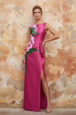 Fuchsia Sleeveless Flowers Floral Print Mermaid Side Slit Evening Dress
