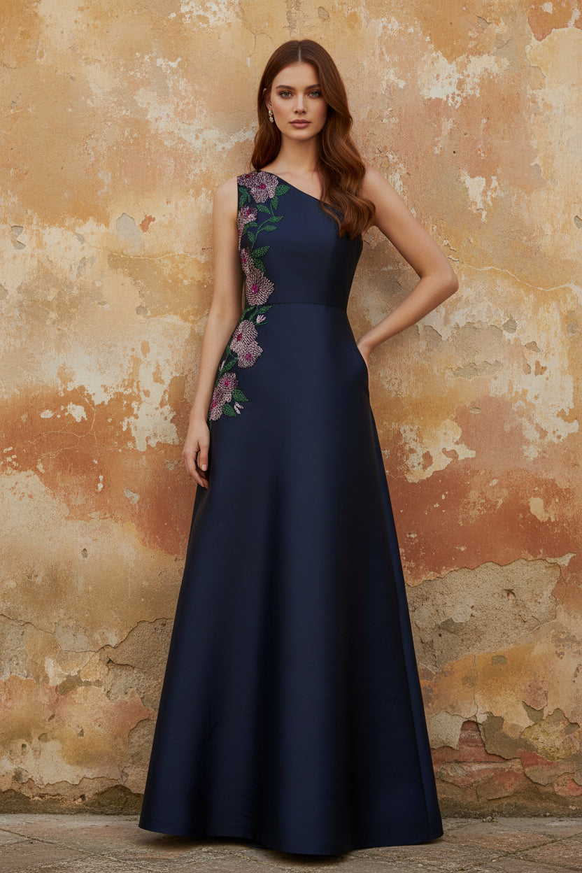 One Shoulder Sleeveless Floral Print A-Line Evening Dress