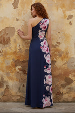 Floral Print One Shoulder Sleeveless A-Line Side Slit Evening Dress