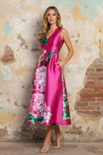 V-Neck Sleeveless A-Line Flowers Floral Print Evening Dress