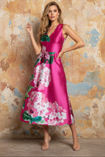 V-Neck Sleeveless A-Line Flowers Floral Print Evening Dress