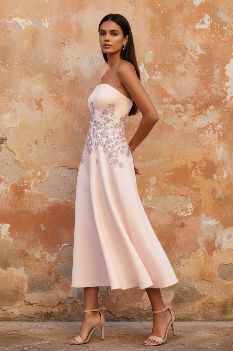 Strapless Sleeveless Flowers Floral Print A-Line Tea-Length Evening Dress