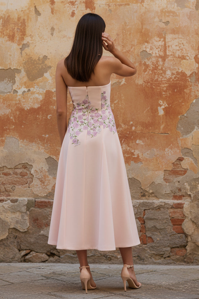Strapless Sleeveless Flowers Floral Print A-Line Tea-Length Evening Dress