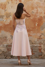 Strapless Sleeveless Flowers Floral Print A-Line Tea-Length Evening Dress