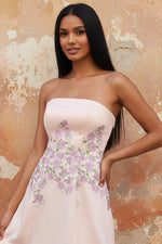 Strapless Sleeveless Flowers Floral Print A-Line Tea-Length Evening Dress