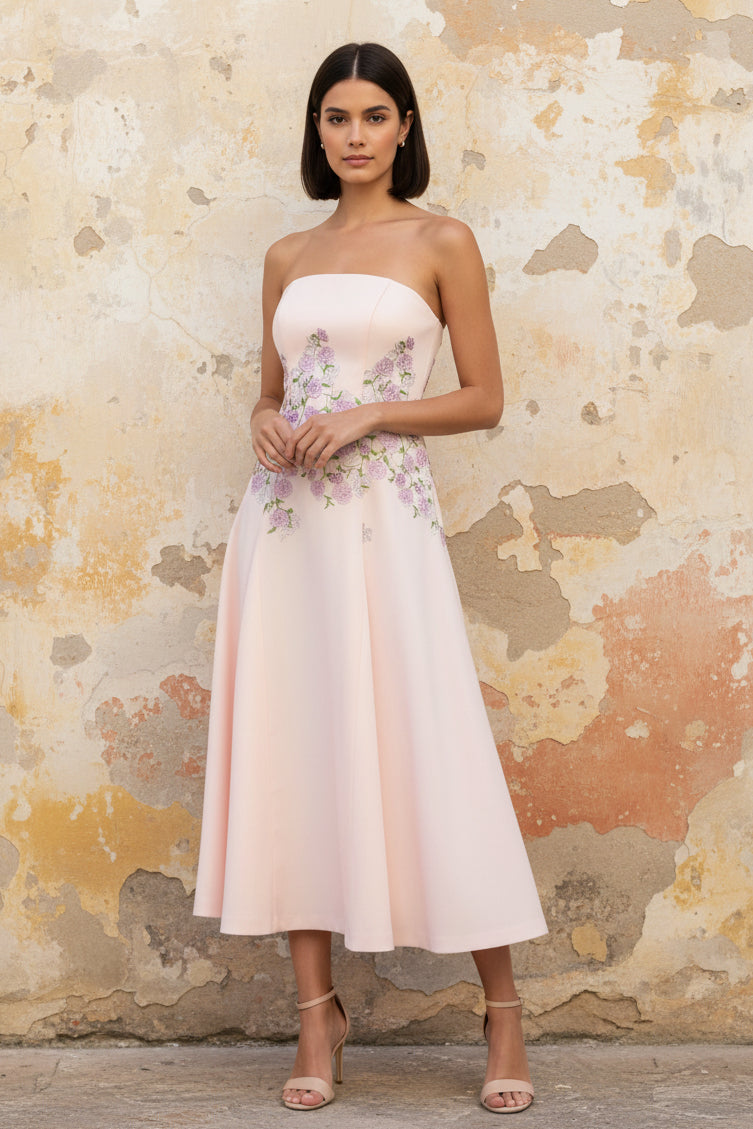 Strapless Sleeveless Flowers Floral Print A-Line Tea-Length Evening Dress