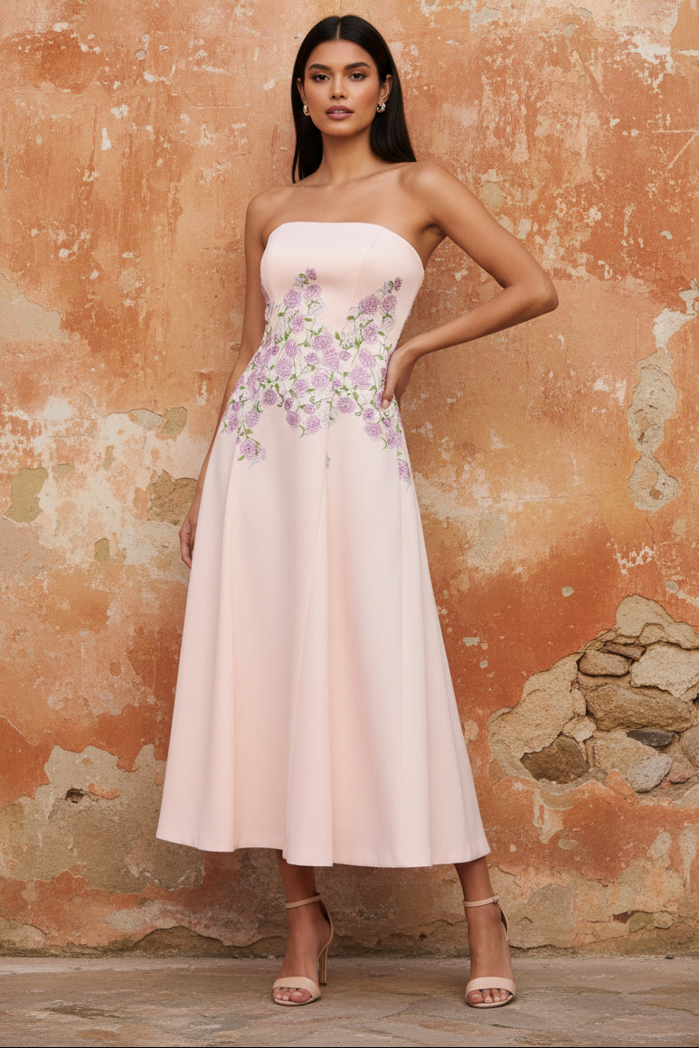 Strapless Sleeveless Flowers Floral Print A-Line Tea-Length Evening Dress