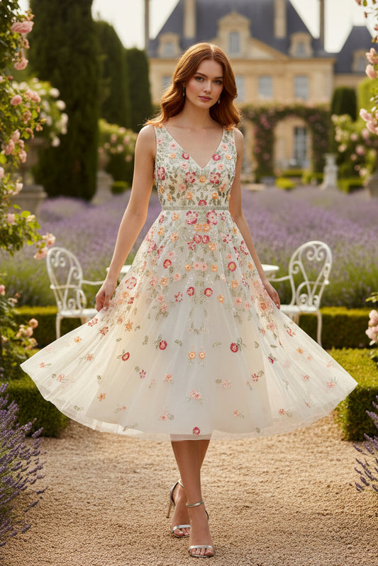 White V-Neck Sleeveless Midi Floral Beaded A-line Dress