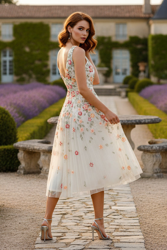 White V-Neck Sleeveless Midi Floral Beaded A-line Dress