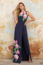 Sleeveless Jumpsuit Flowers Floral Print Side Slit Evening Dress