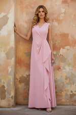 Elegant Pink Jumpsuit V-Neck Sleeveless A-Line Ruffles Evening Dress