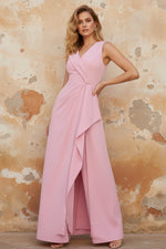 Elegant Pink Jumpsuit V-Neck Sleeveless A-Line Ruffles Evening Dress