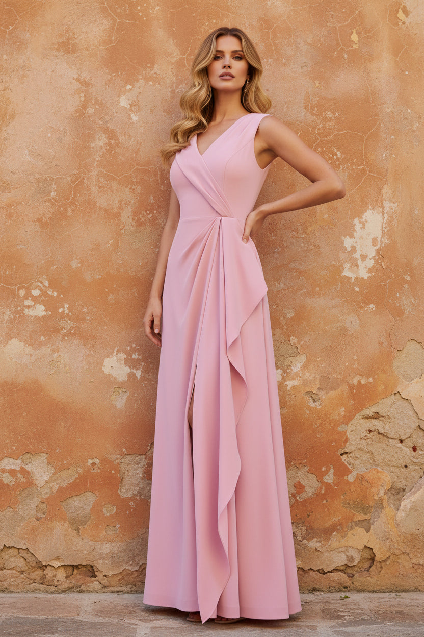 Elegant Pink Jumpsuit V-Neck Sleeveless A-Line Ruffles Evening Dress