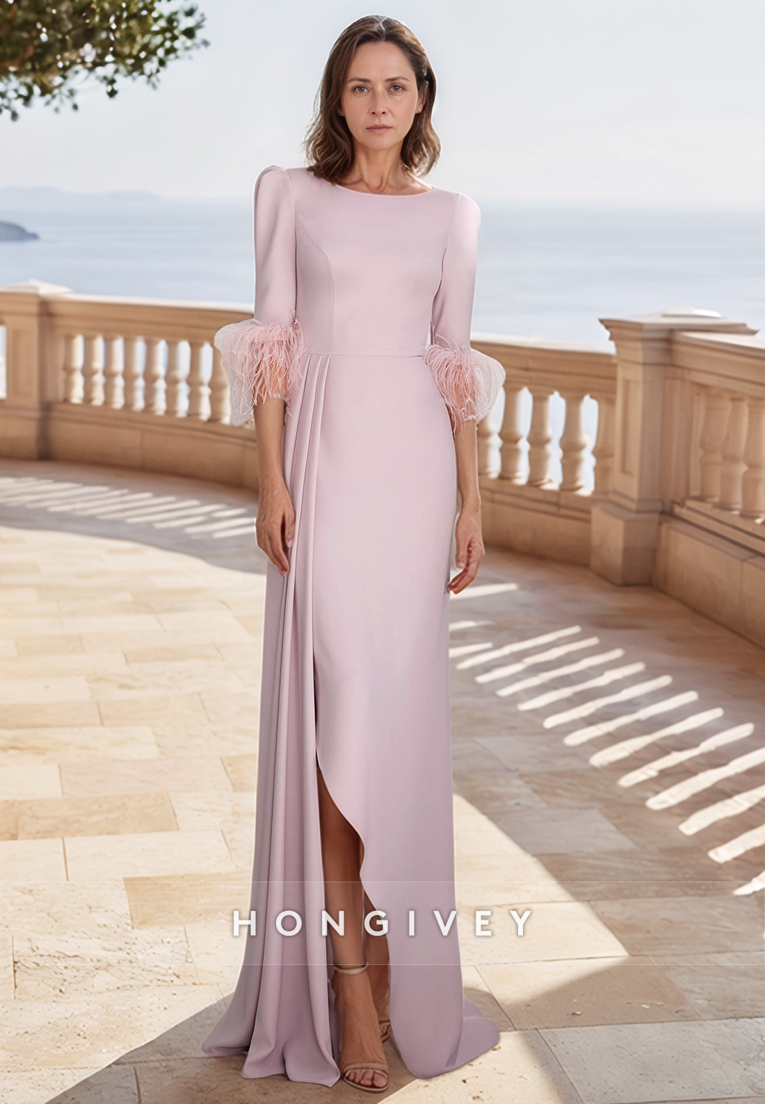 Sheath Floor-Length Half Sleeve Side Slit Feather Fitted Simple Mother of the Bride Dress