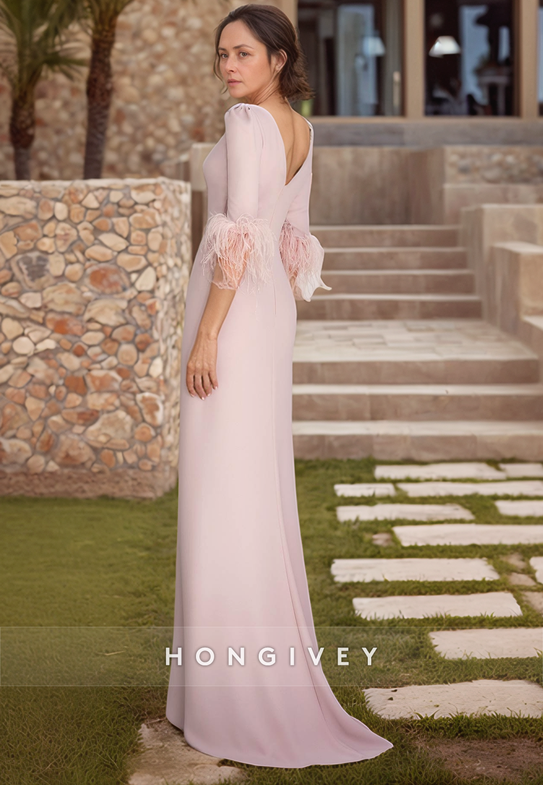 Sheath Floor-Length Half Sleeve Side Slit Feather Fitted Simple Mother of the Bride Dress