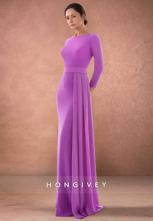 Sheath Simple Floor-Length Satin Long Sleeve Low Back Ruffles Mother of the Bride Dress