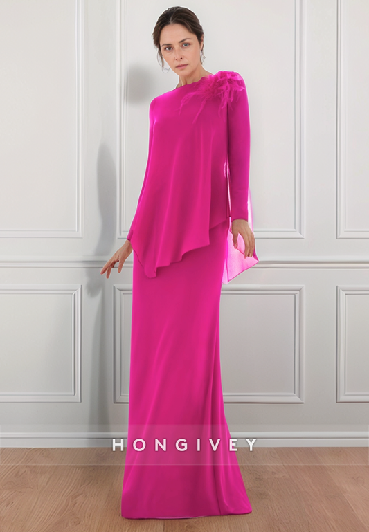 Fuchsia Sheath Pleated Chiffon Long Sleeve Zipper Floor-Length Mothers of The Bride