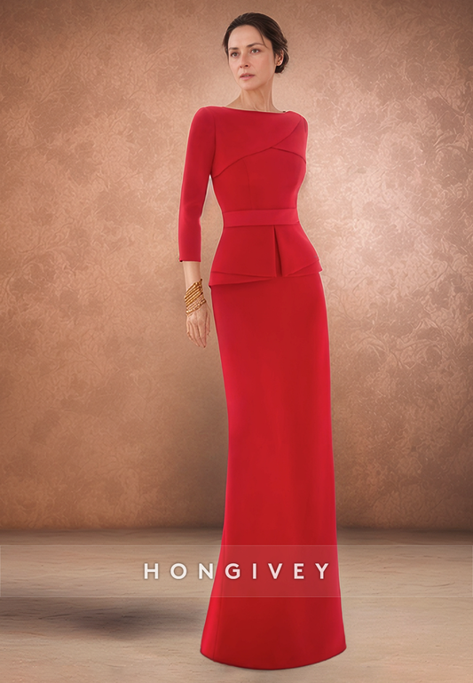 Sheath Floor-Length Satin 3/4 Sleeve Tie Back Pleated Red  Back Hole Mothers of the Bride Dress