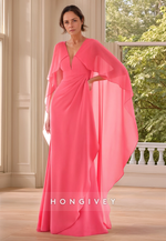 Sheath Floor-Length V Neck Watermelon Satin Shawl Pleated Mother of the Bride Dress