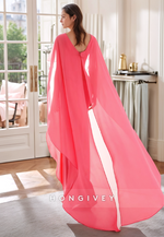 Sheath Floor-Length V Neck Watermelon Satin Shawl Pleated Mother of the Bride Dress