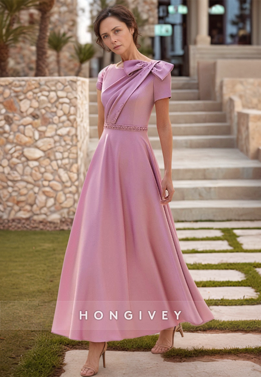Bowknot Short Sleeve A-line Ankle-Length Satin Short Sleeve Pleated  Rhinestone Mother Of the Bride Dress
