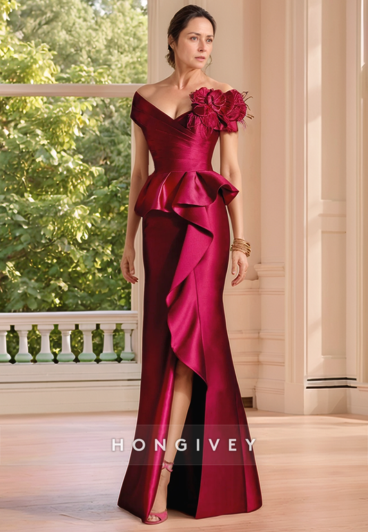Sheath Floor-Length Satin Cap Straps Flowers Elegant Mother of the Bride Dress