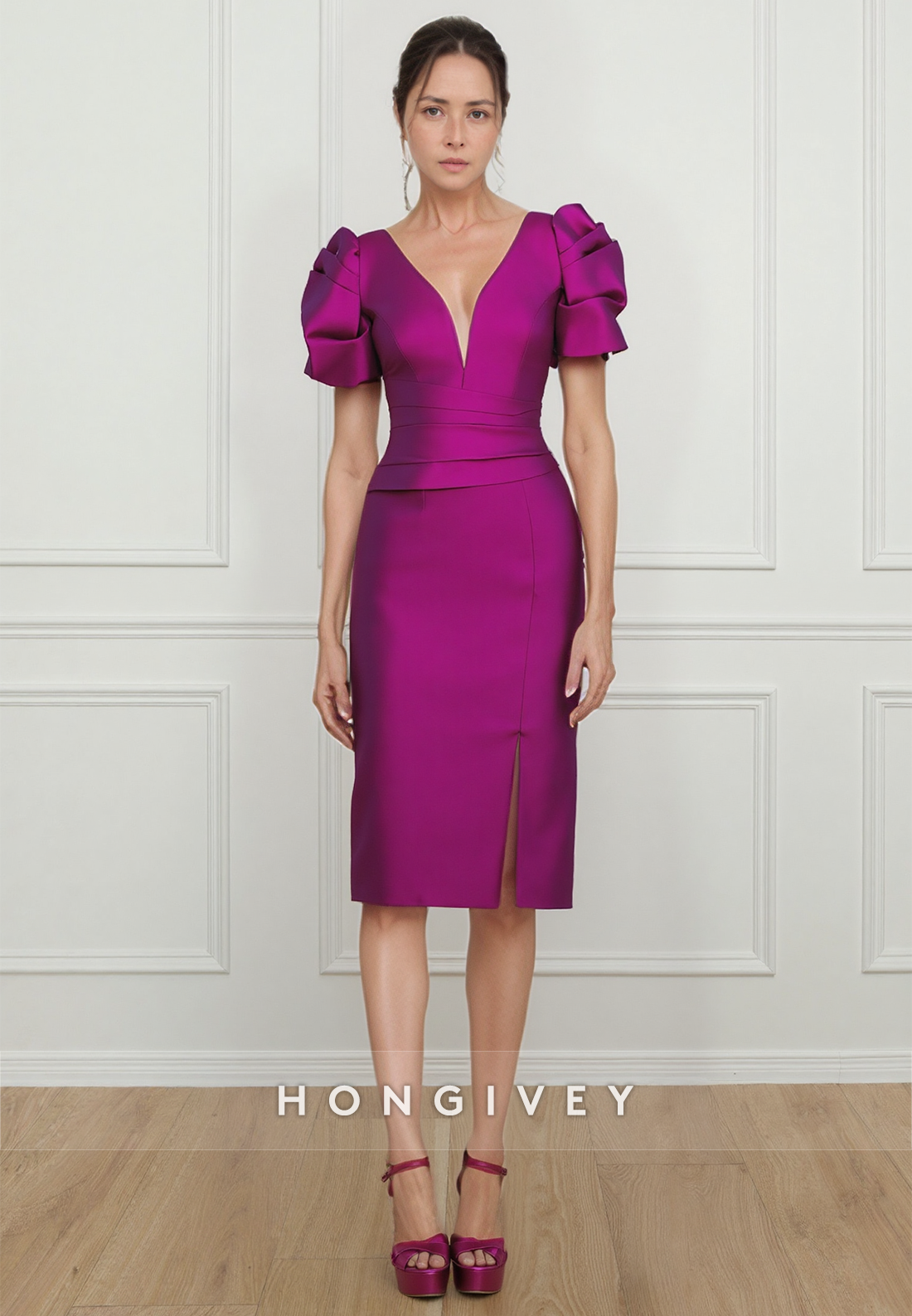 Sheath V Neck Satin Short Sleeve Knee-Length Mother of the Bride Dress Pleated Low Back Cocktail Dress