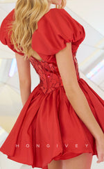 H2186 - Chic Satin A-Line Beaded Appliques V-Neck Party/Homecoming Dress