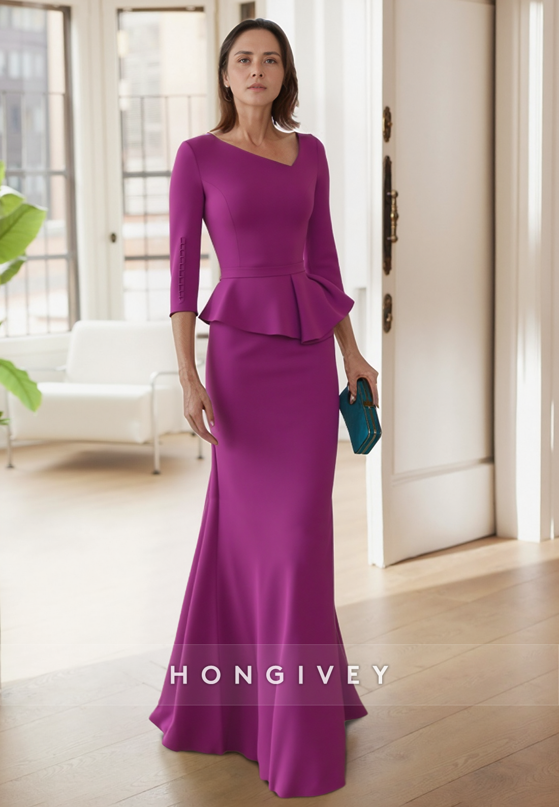 3/4 Sleeve Fromal Floor-Length Sheath Satin Asymmetrical Neck Pleated Mother of the Bride Dress