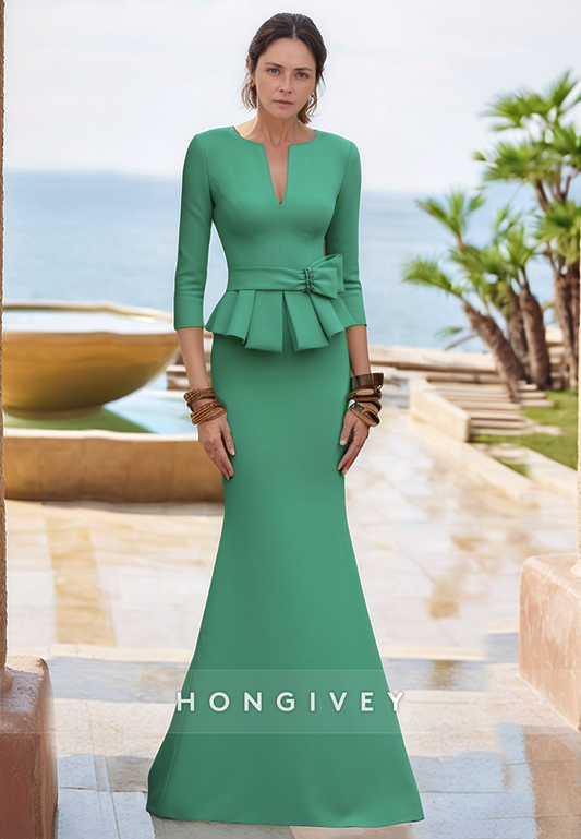 Floor-Length V Neck Pleated Satin 3/4 Sleeve Sheath Mother of the Bride Dress