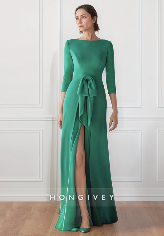 Elegant Sheath Floor-Length Satin 3/4 Sleeve Pleated V Back Mother of the Bride Dress