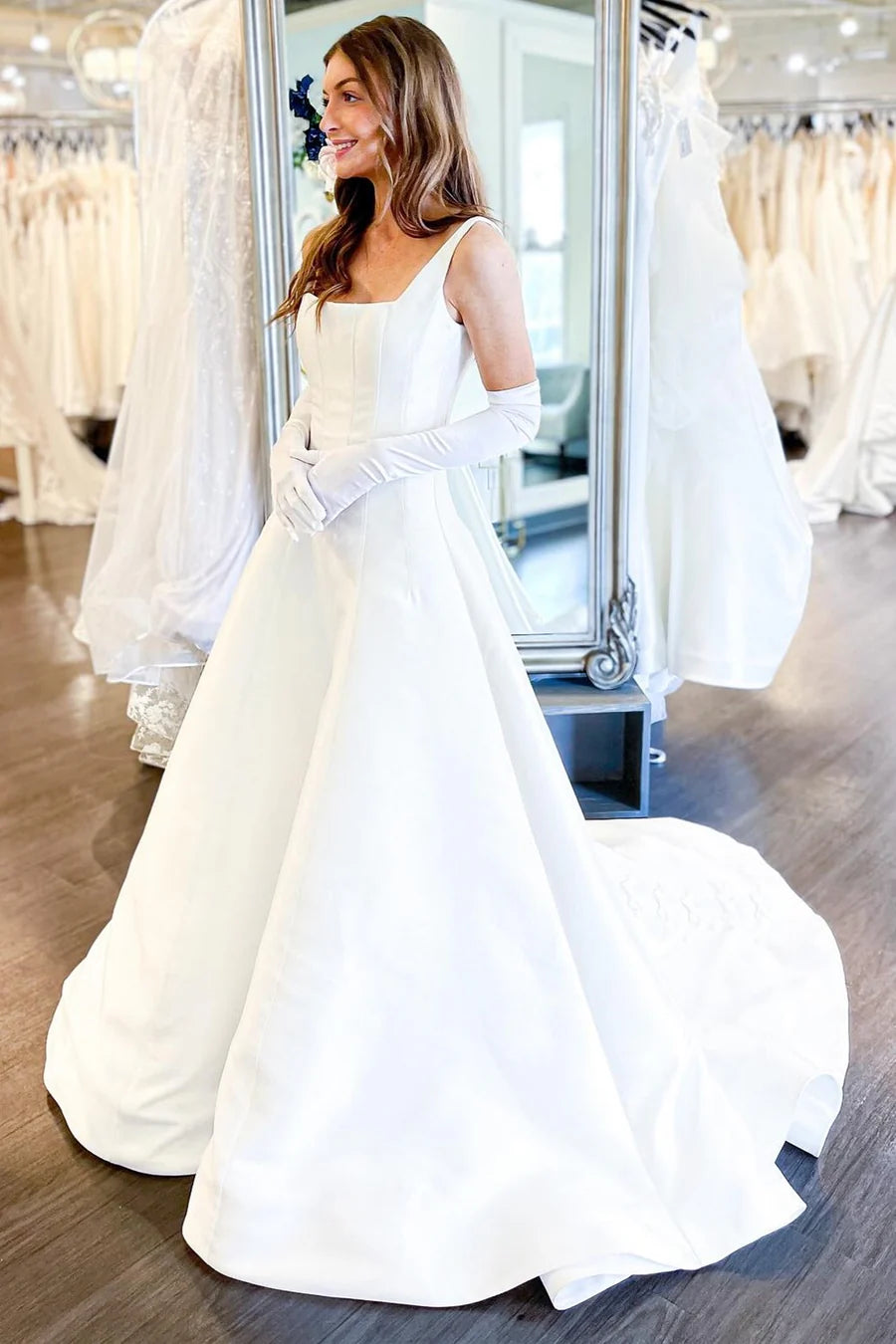 Simple A Line Square Neck Satin Long Wedding Dresses with Bow
