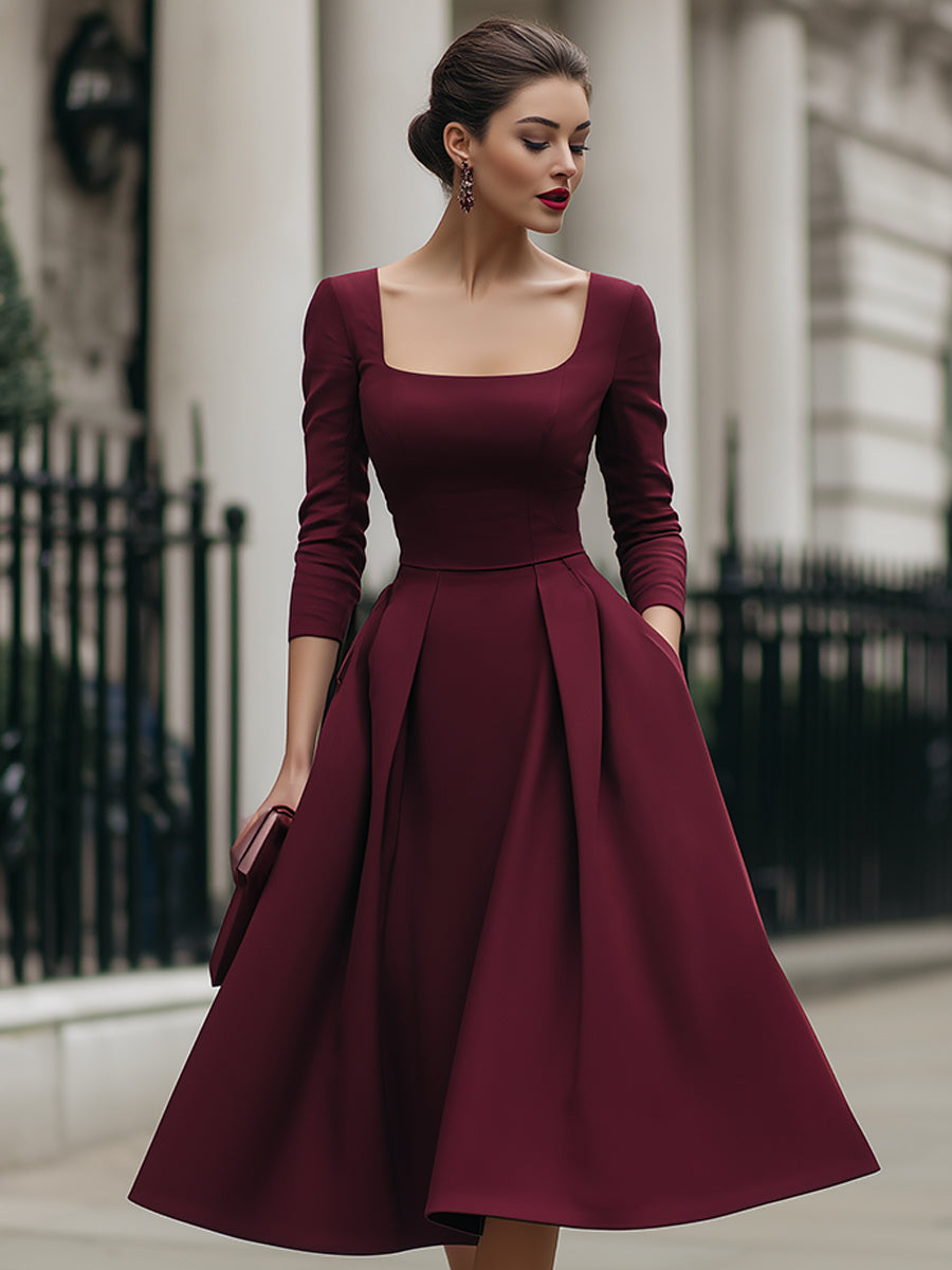 Elegant Square-Neck Plain A-Line Midi Evening Dress