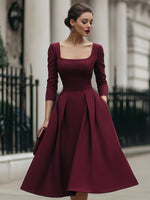 Elegant Square-Neck Plain A-Line Midi Evening Dress