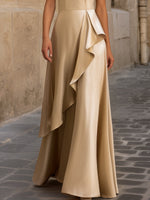 Elegant Satin V-Neck Maxi Dress With Asymmetric Ruffle