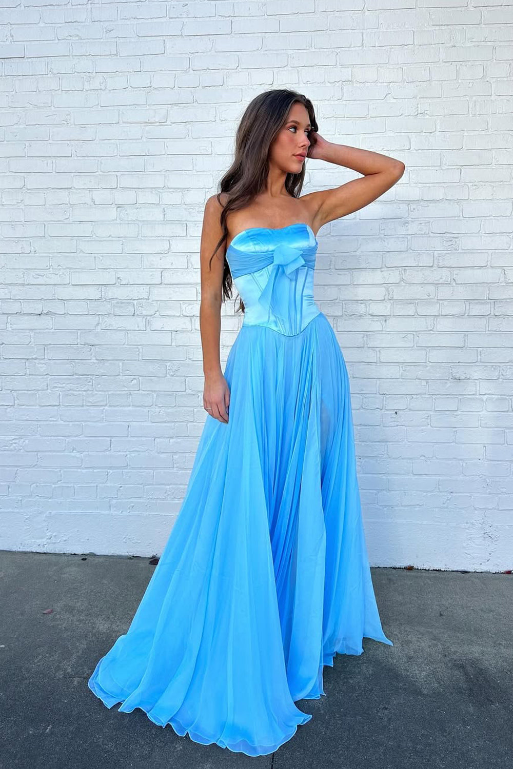 Cute A Line Sweetheart Blue Chiffon Prom Dress with Bow