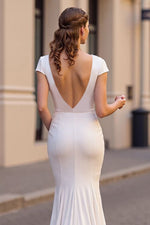V-Neck Cap Sleeves Satin Mermaid Wedding Dress Lace With Open Back
