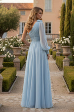 Blue One Sleeve A-Line Chiffon Gown With 3D Flowers