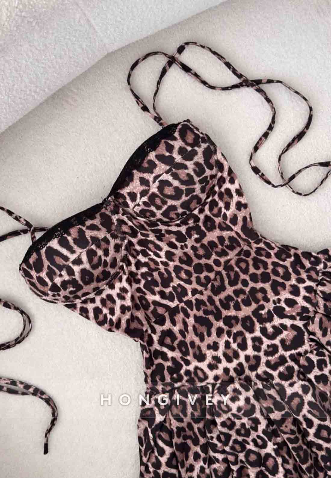 Leopard Print Pleated A-Line Empire Homecoming Dress with Bow Straps