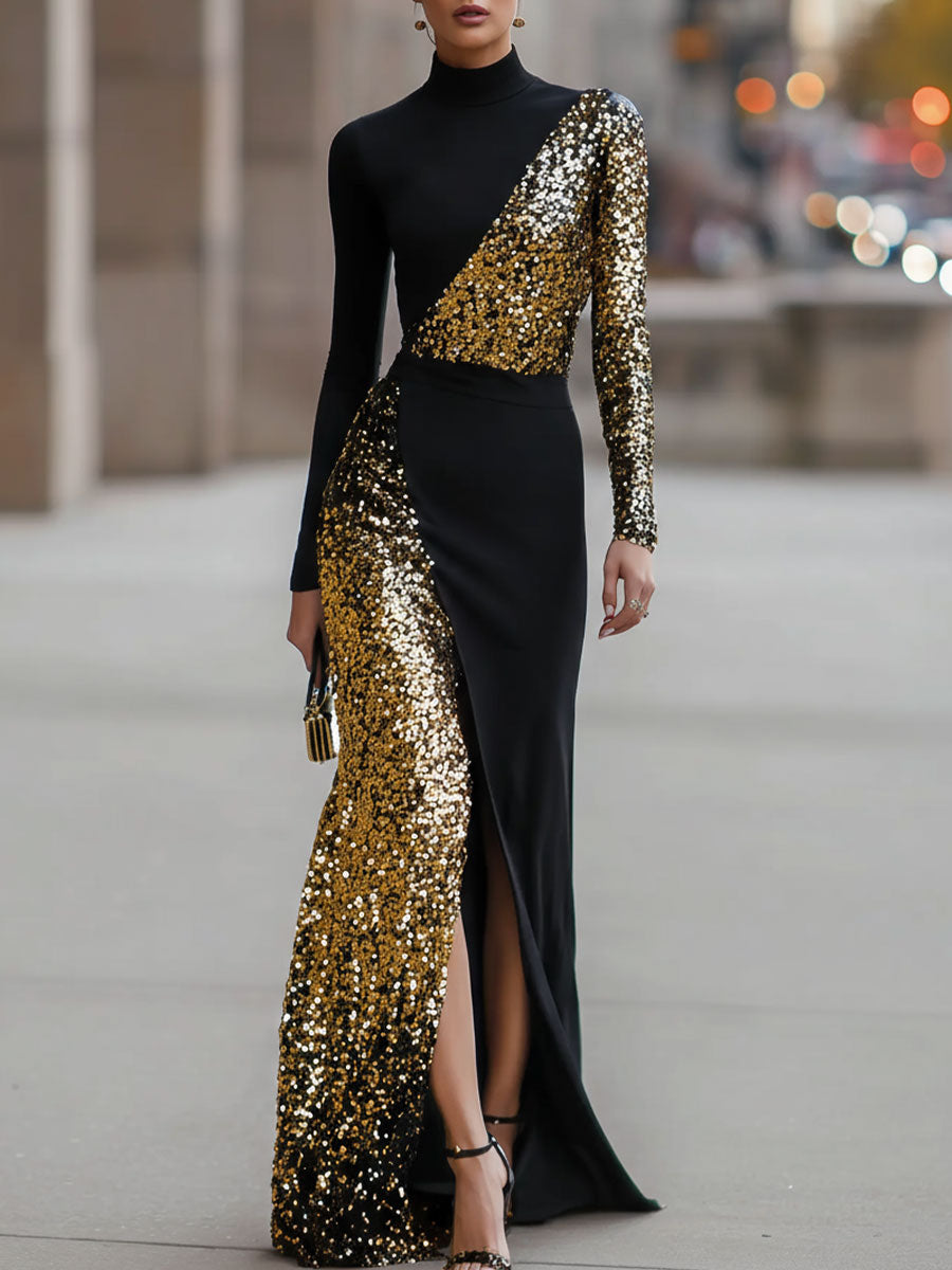 Elegant Black And Gold Sequin High-Neck Slit Maxi Dress