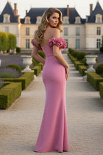 Pink Crepe Off The Shoulder Gown With 3D Flowers
